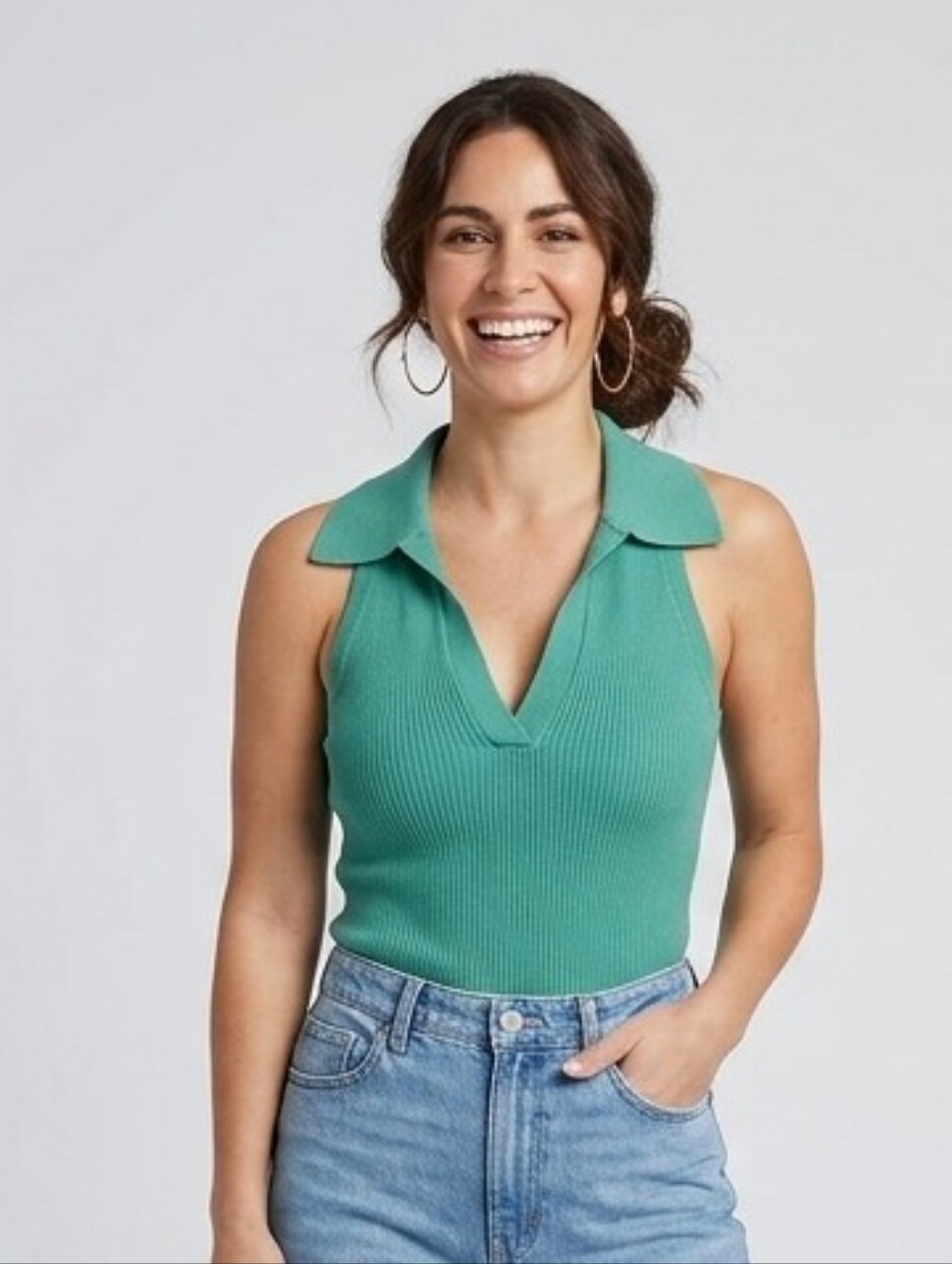 Love Tribe Green Ribbed Collared V-Neck Bodysuit